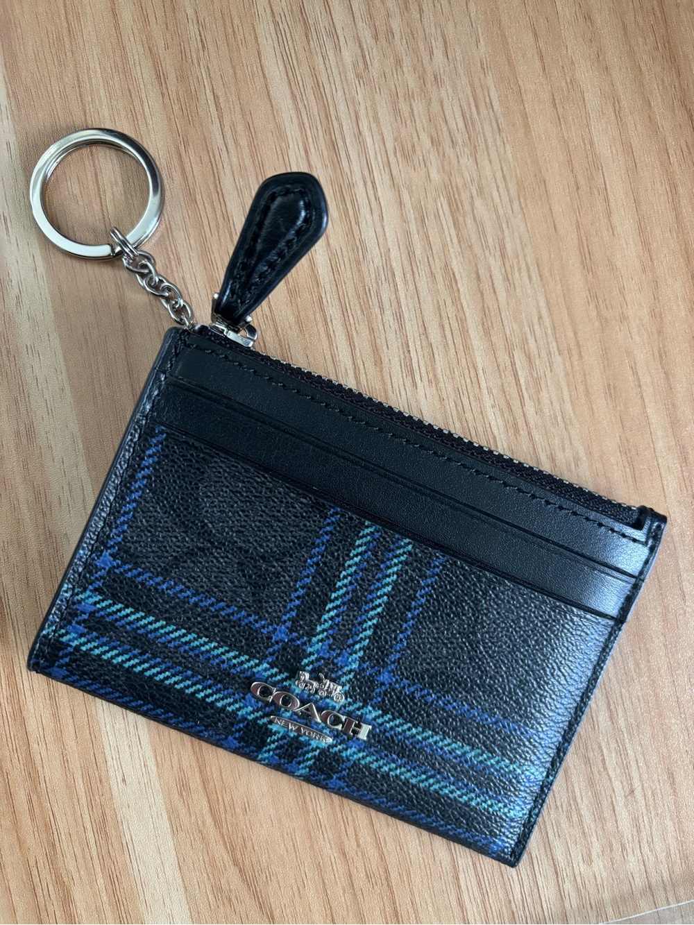 Coach Black Leather Card Case with Blue Plaid and Key Ring